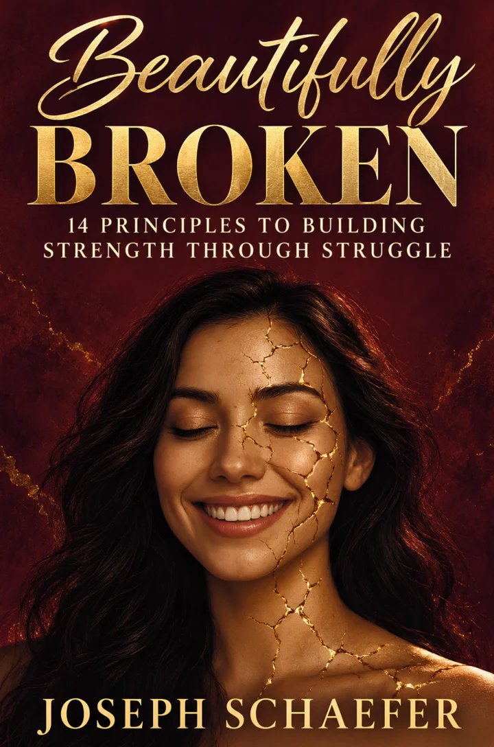 Cover of Beautifully Broken: 14 Principles to Building Strength Through Struggle by Joseph Schaefer, showing a smiling woman with gold-repaired cracks across her face against a deep red background